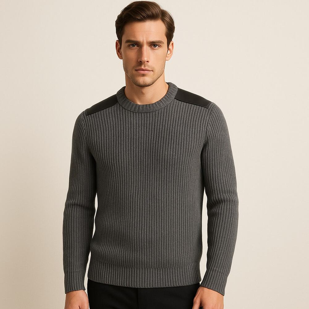 Vince Men's Cotton Ribbed knit Crew Sweater leather shoulder patch M